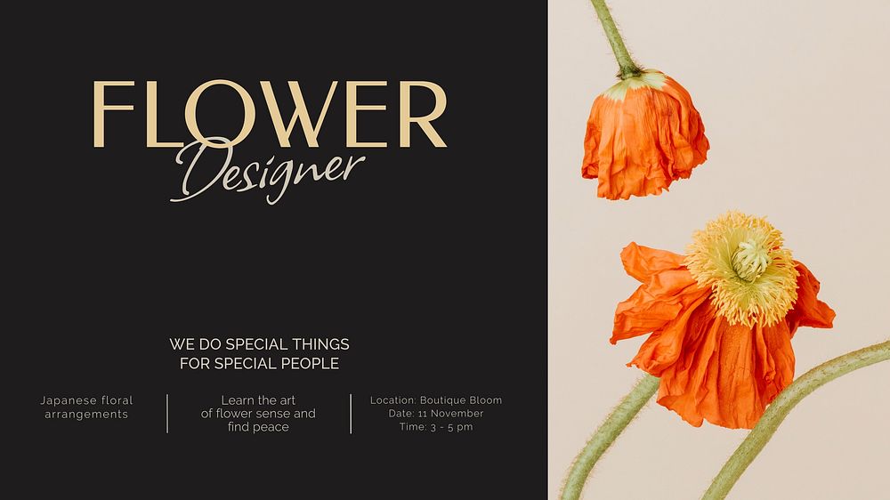 Flower designer PowerPoint editable template, event advertisement