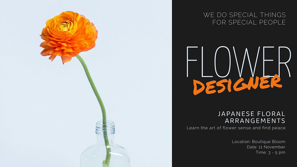 Flower designer PowerPoint editable template, event advertisement