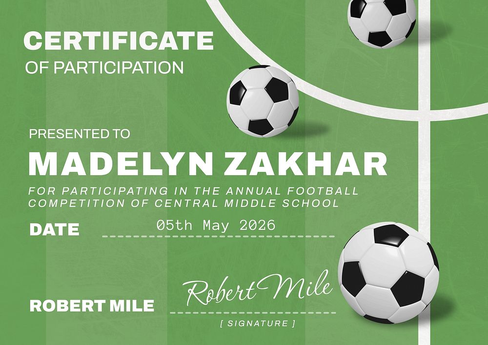 Sports certificate of participation template, editable design