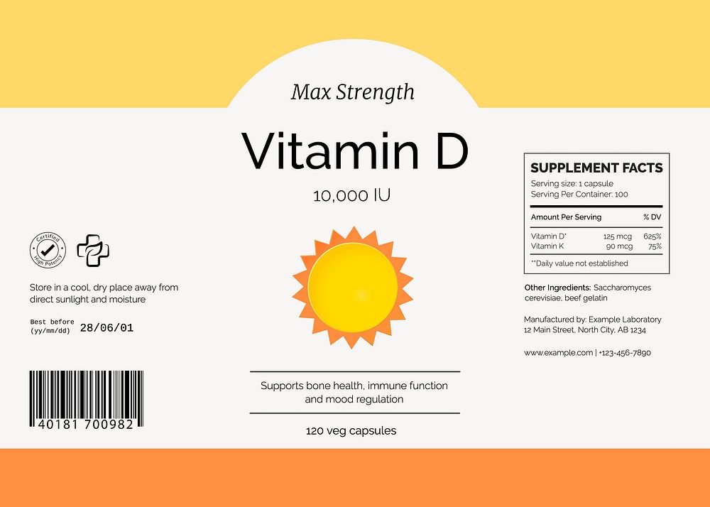 Vitamin D supplement label template