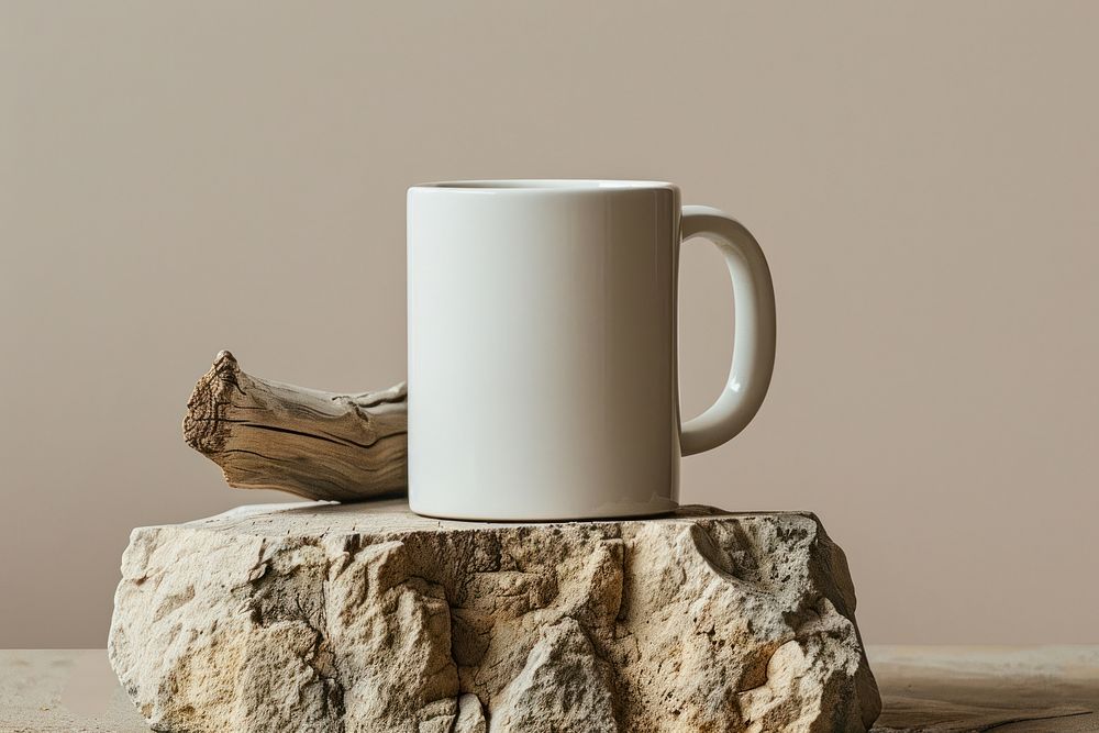 Mug mockup wood rock beverage.