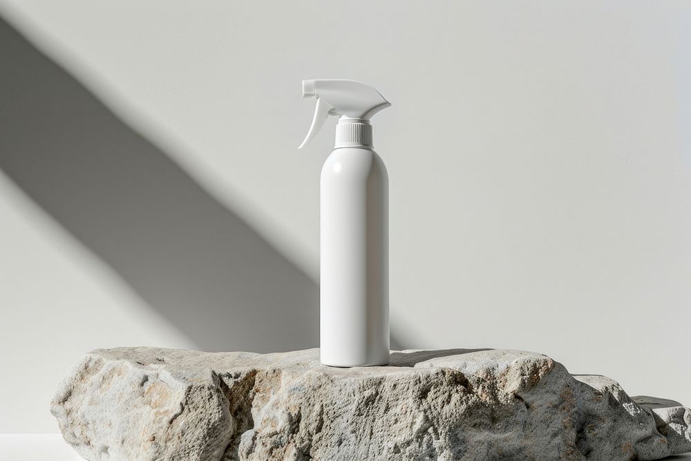 A white Hair Spray bottle mockup tin sink rock.