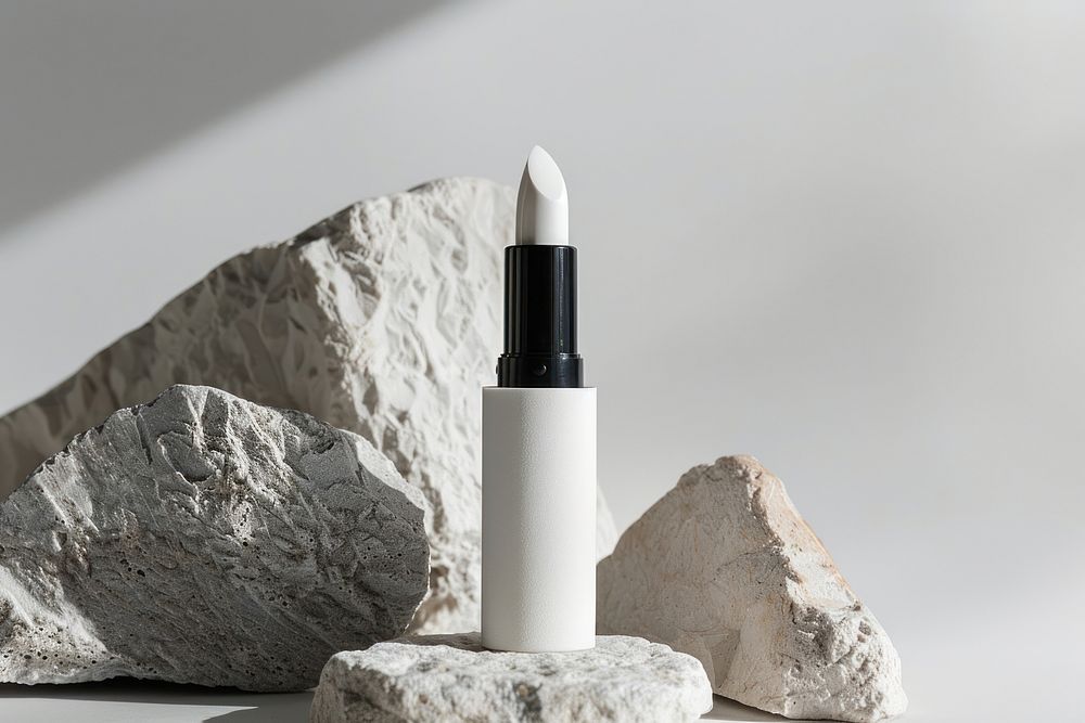 A white lipstick mockup cosmetics rock.
