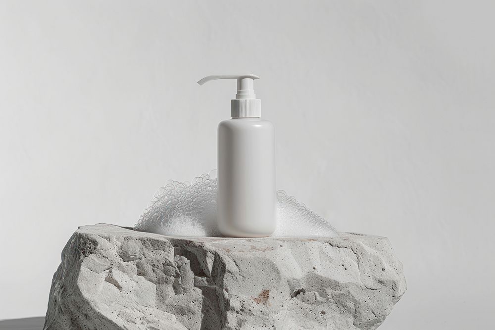 White pump bottle with bubble foams of soap stands on the stone.