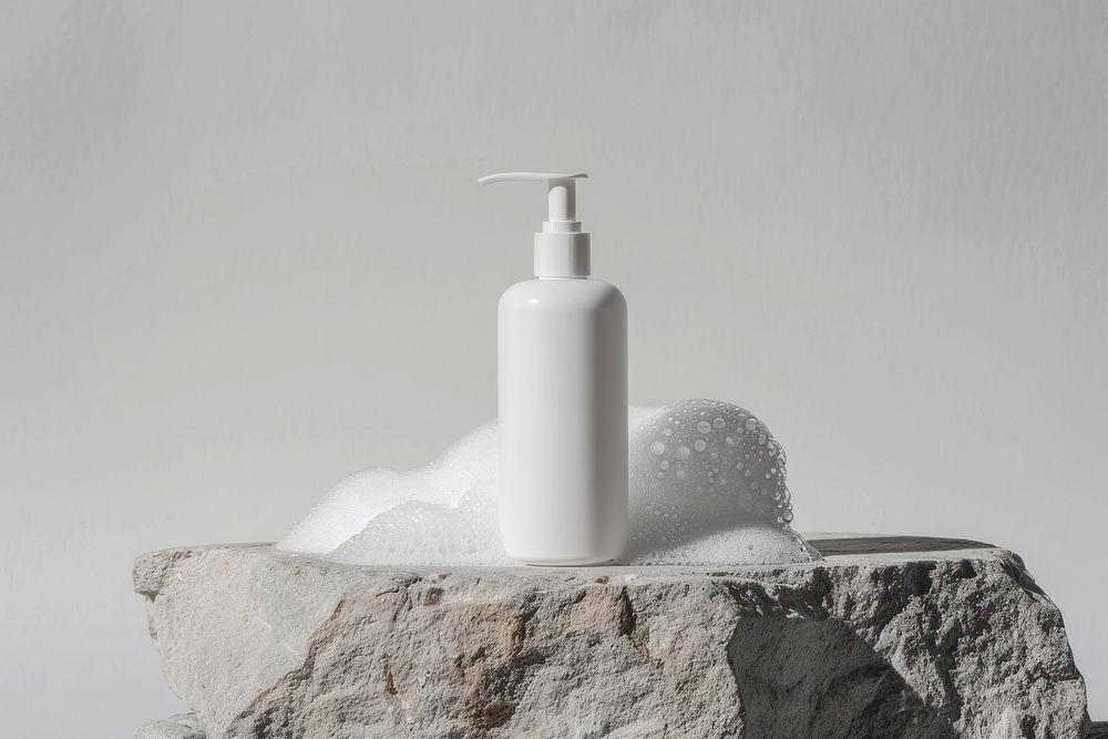 White pump bottle with bubble foams of soap on the stone.