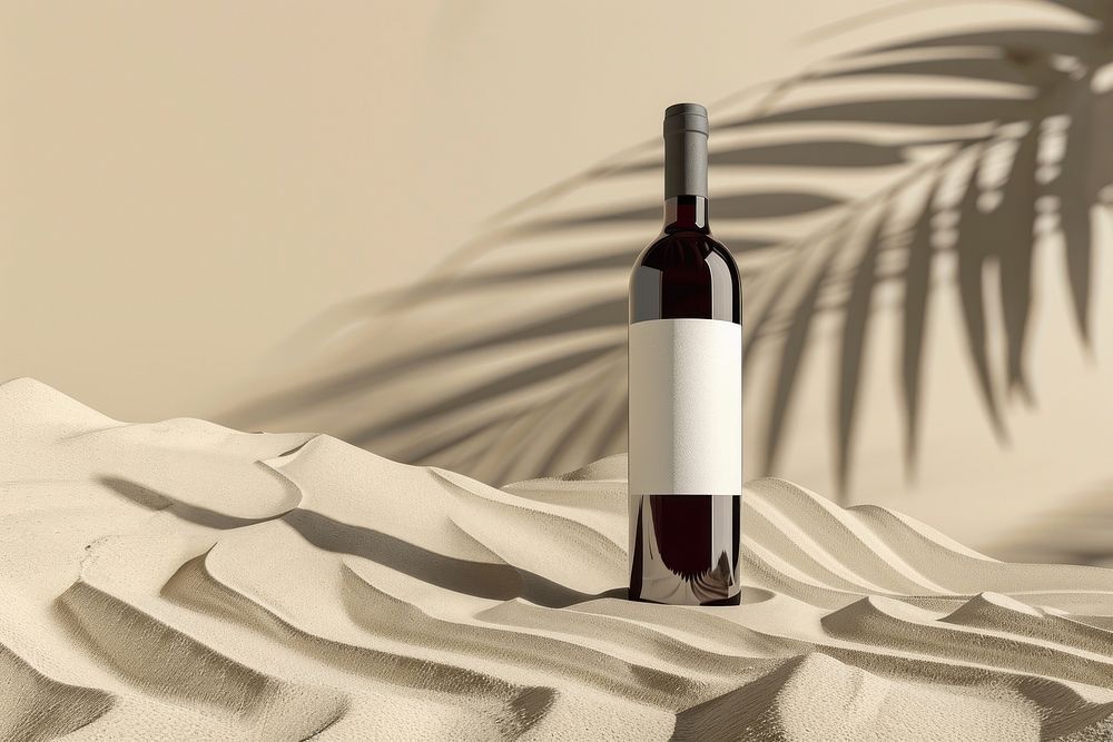 Wine bottle mockup countryside furniture outdoors.