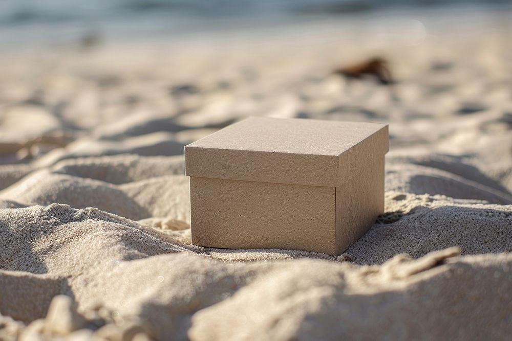 Box mockup sand cardboard outdoors.