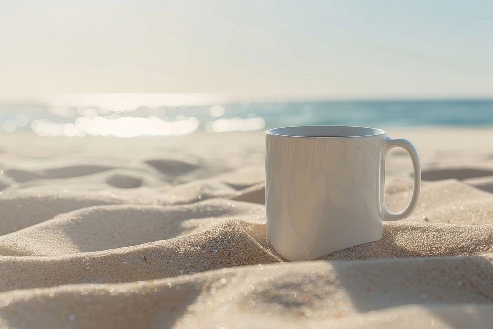 Mug mockup beach shoreline outdoors.