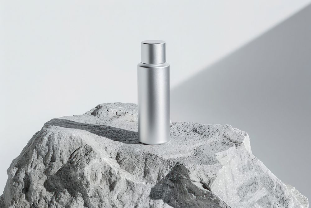 Serum skincare silver bottle mockup cylinder shaker rock.