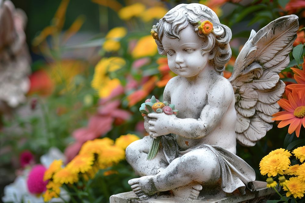 Child angel statue with flowers asteraceae figurine blossom.