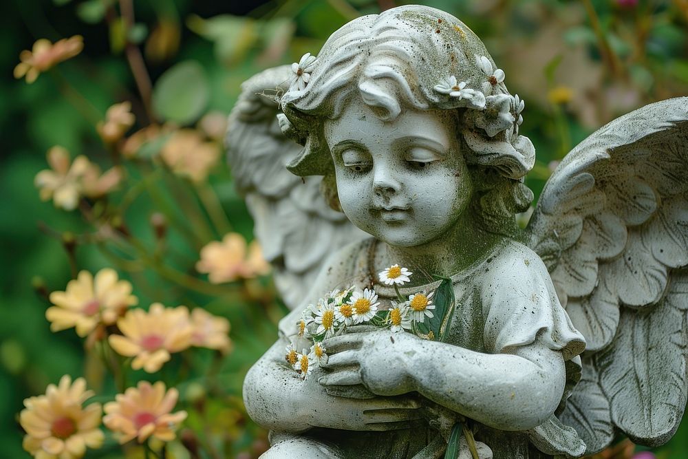 Child angel statue with flowers accessories archangel accessory.