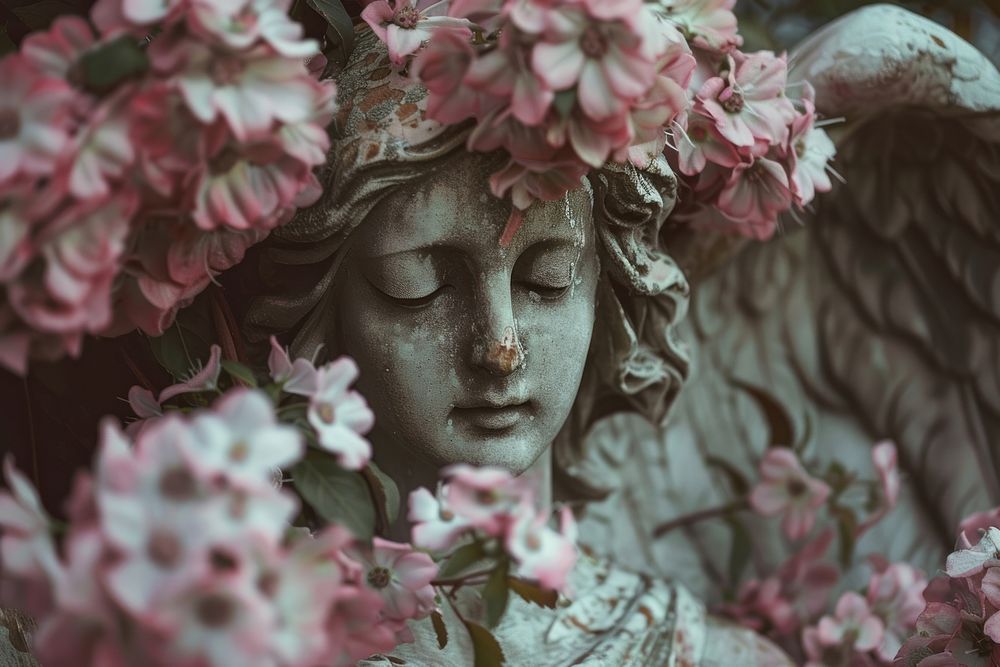 Angel statue with flowers blossom person petal.