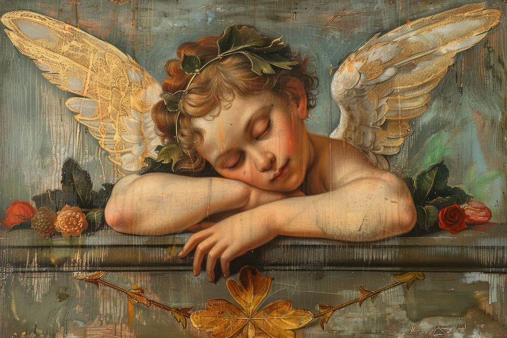 Sleeping cupid painting archangel pineapple.