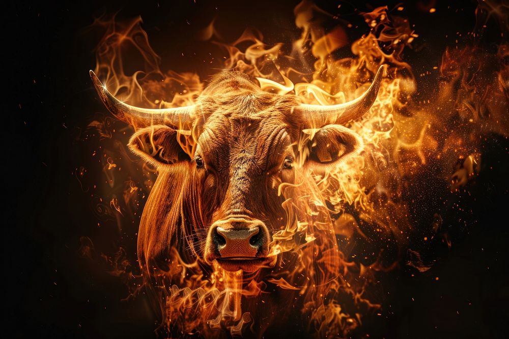 Bull fire flame livestock longhorn wildlife.