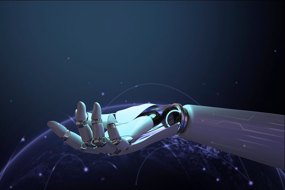 Open robotic hand on blue