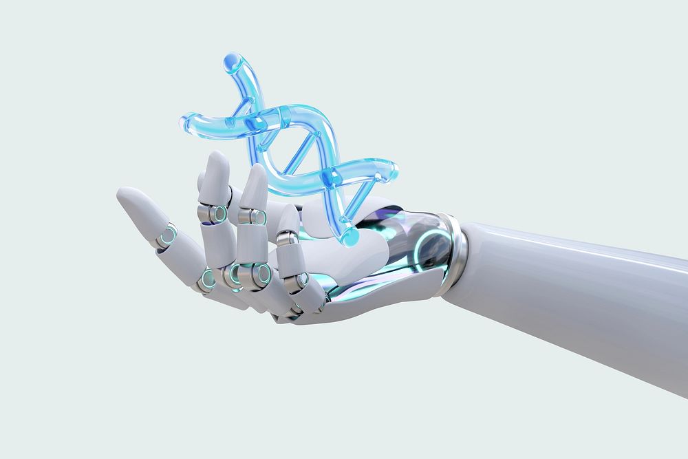 Robot hand side view background, presenting technology gesture