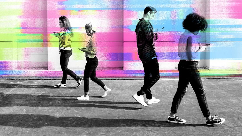 Group of diverse teenagers Browsing Social Media Walking  remix