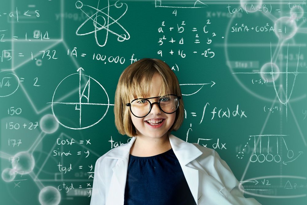 Young scientist girl with blackboard background