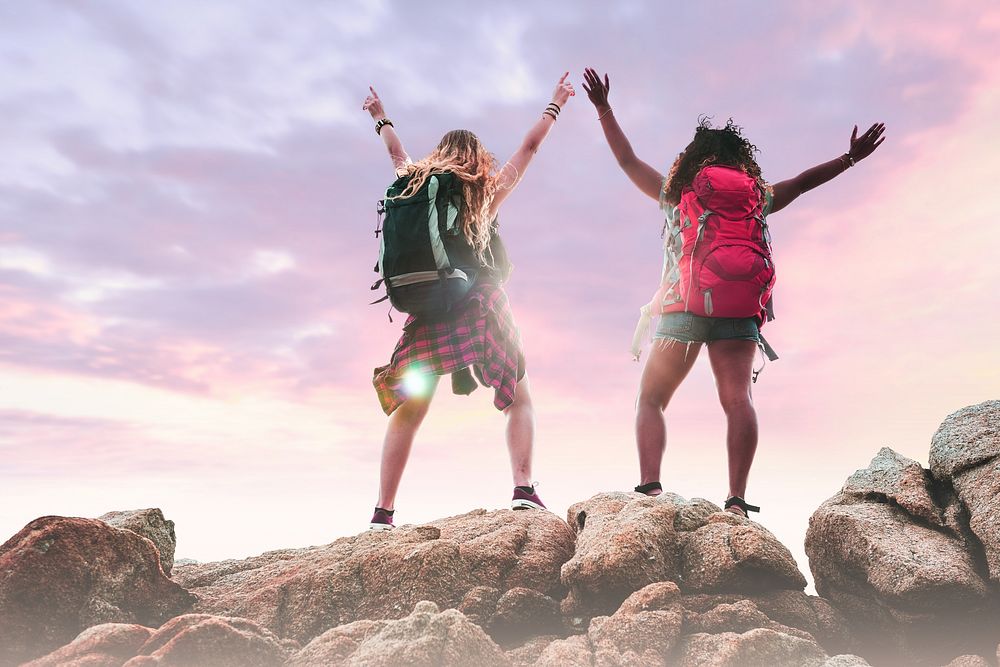 Two young female travelers backpacking | Free Photo Illustration - rawpixel