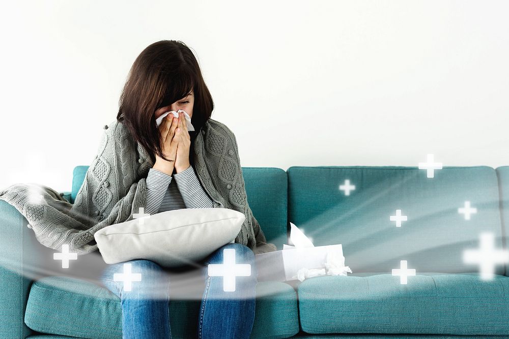 Sick woman sneezing on the sofa remix