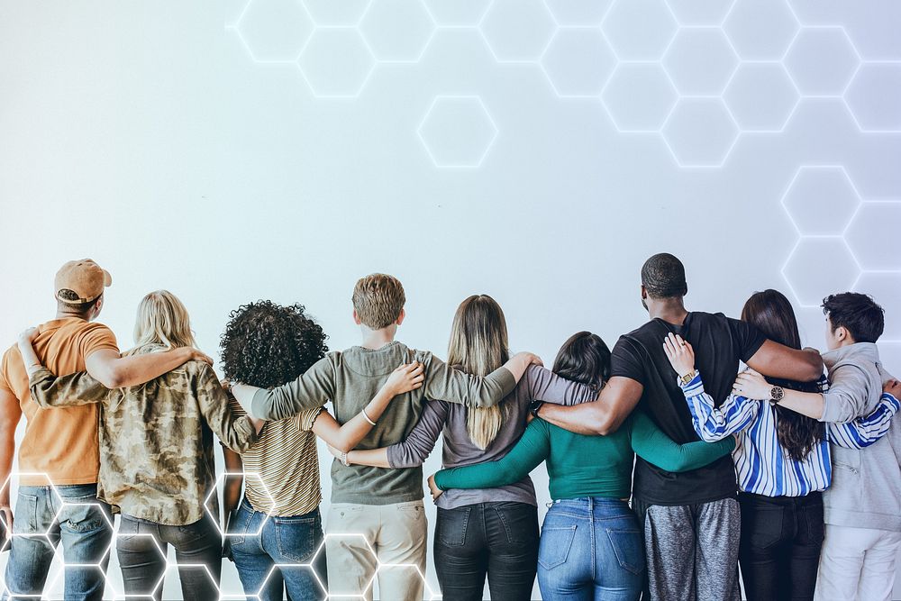 Rearview of diverse people hugging each other