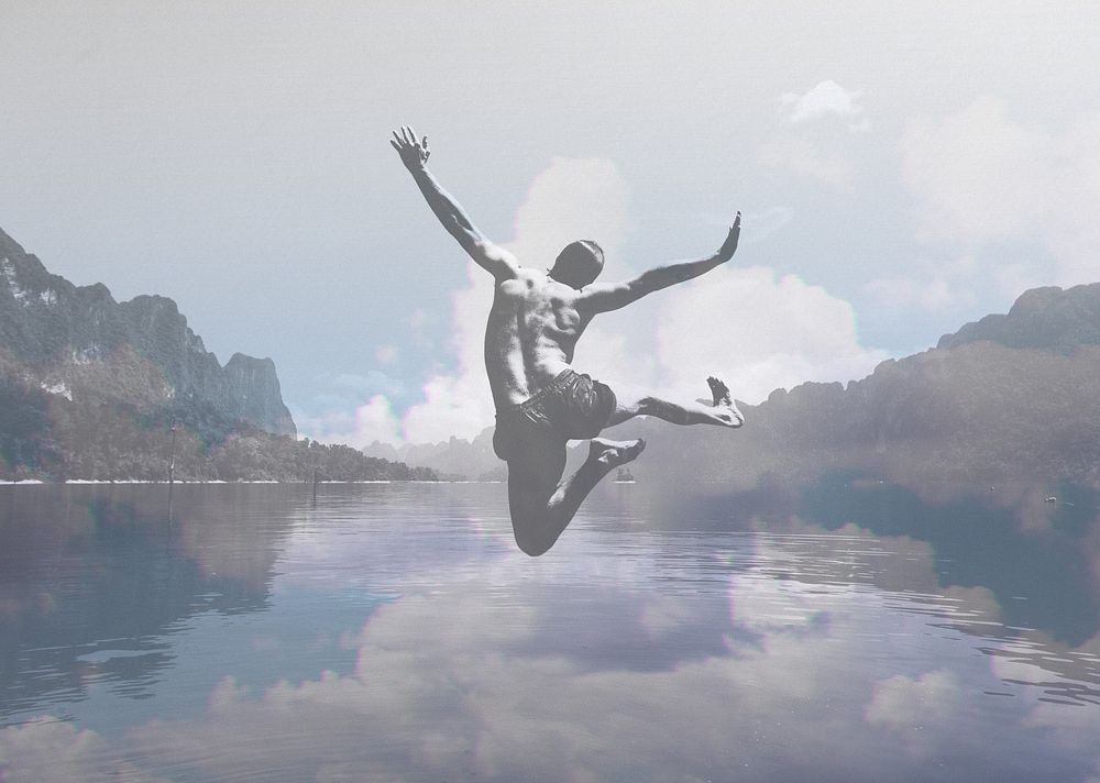 Man jumping with joy by a lake remix
