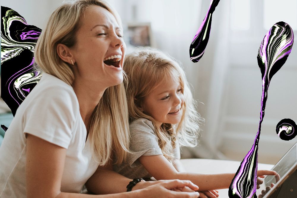 Mom and daughter watching a cartoon on a digital tablet