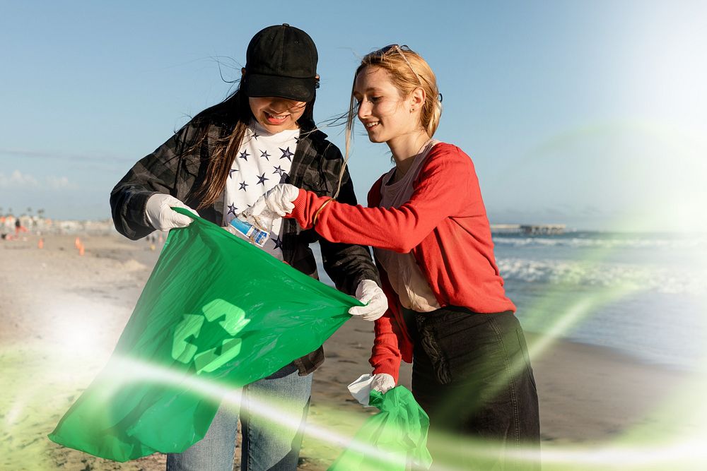 Trash pick up volunteering, teen friends at the beach