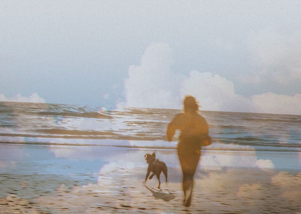 Woman and her dog playing at the beach remix