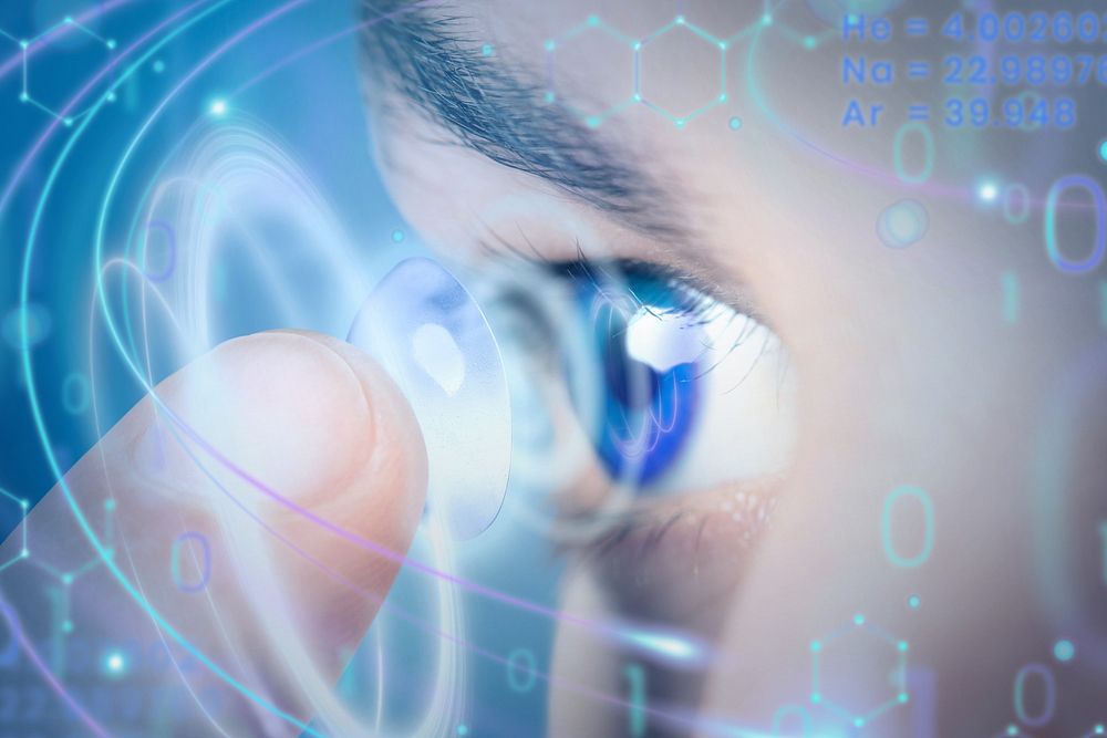 Man applying smart contact lens, biometric technology