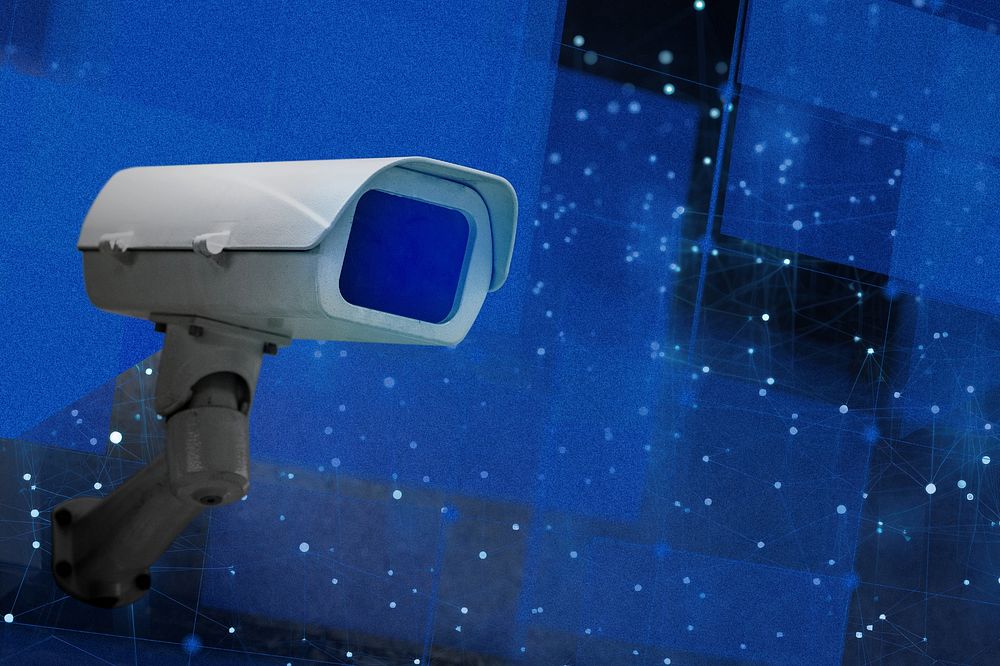CCTV security technology background psd with lock icon digital remix