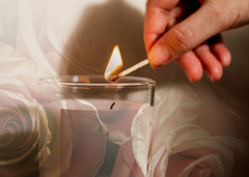 Woman lights scented candle, home aroma remix