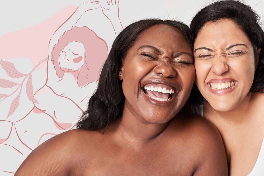 Body positivity women laughing happy plus size model posing