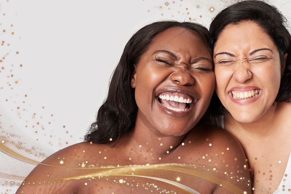 Body positivity women laughing happy plus size model posing