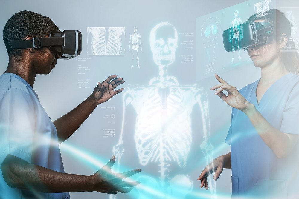 Doctors wearing VR simulation with hologram medical technology