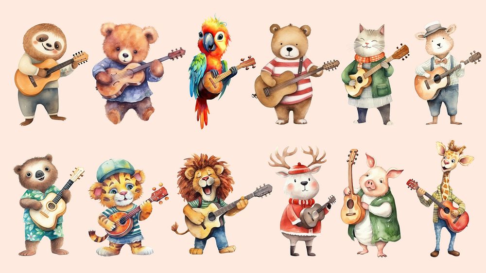 Watercolor animal character playing guitar isolated image set