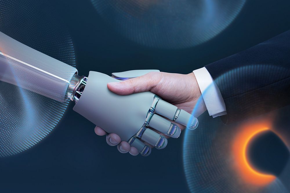 Business hand robot handshake, artificial intelligence digital transformation