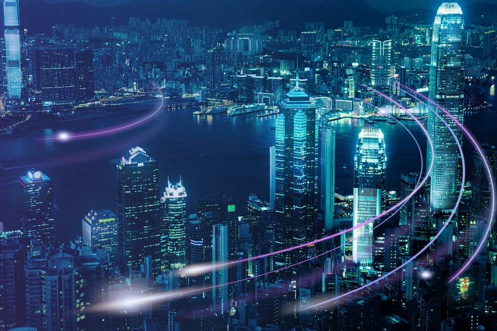 Hong Kong city lights blue background