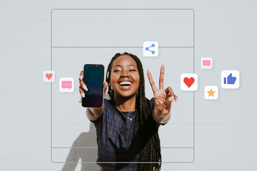 Black woman showing a v sign with a blank phone