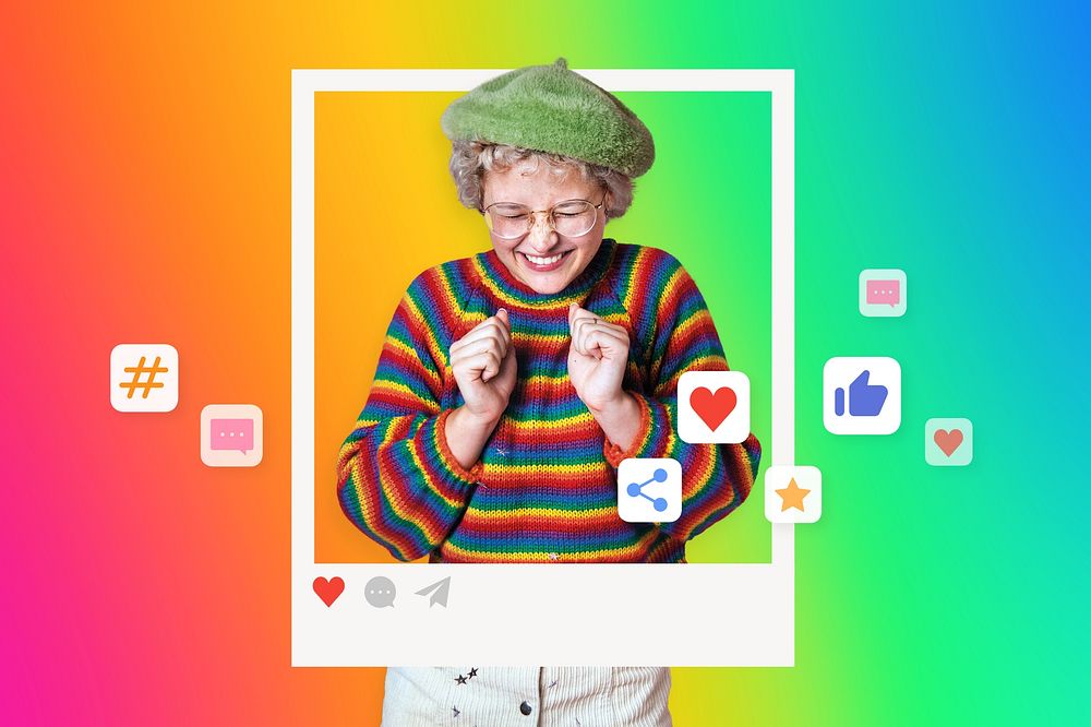 Cheerful lgbtq woman in a colorful jumper