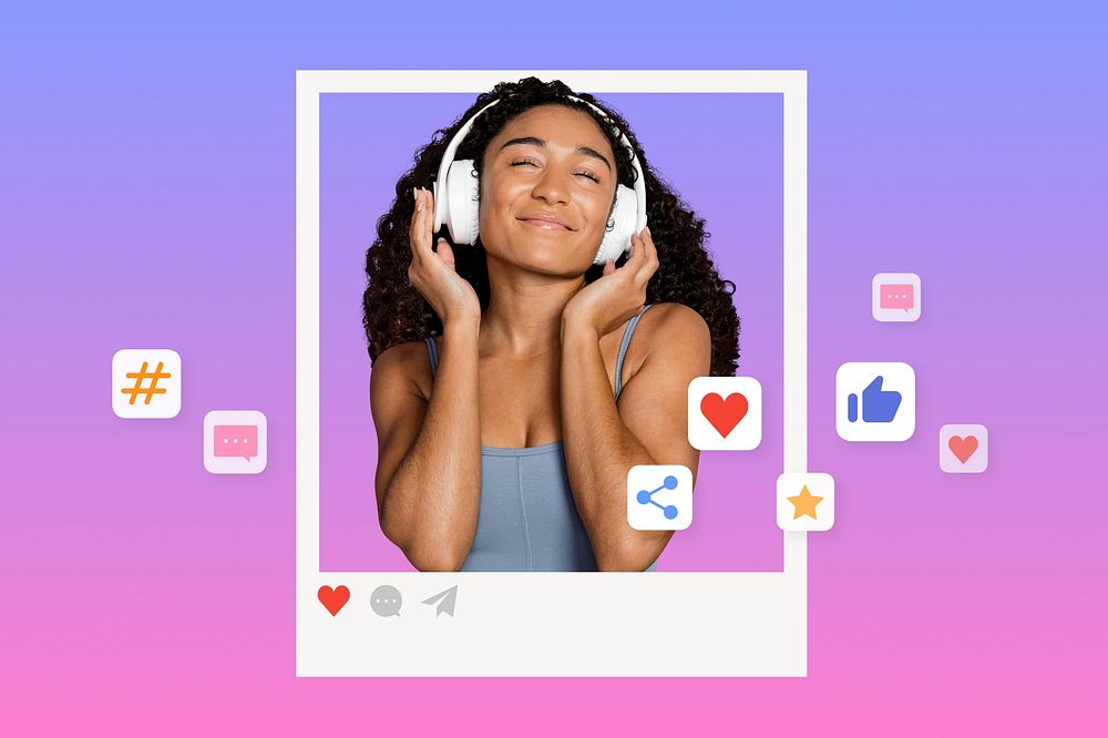 Cheerful woman with headphones on social media