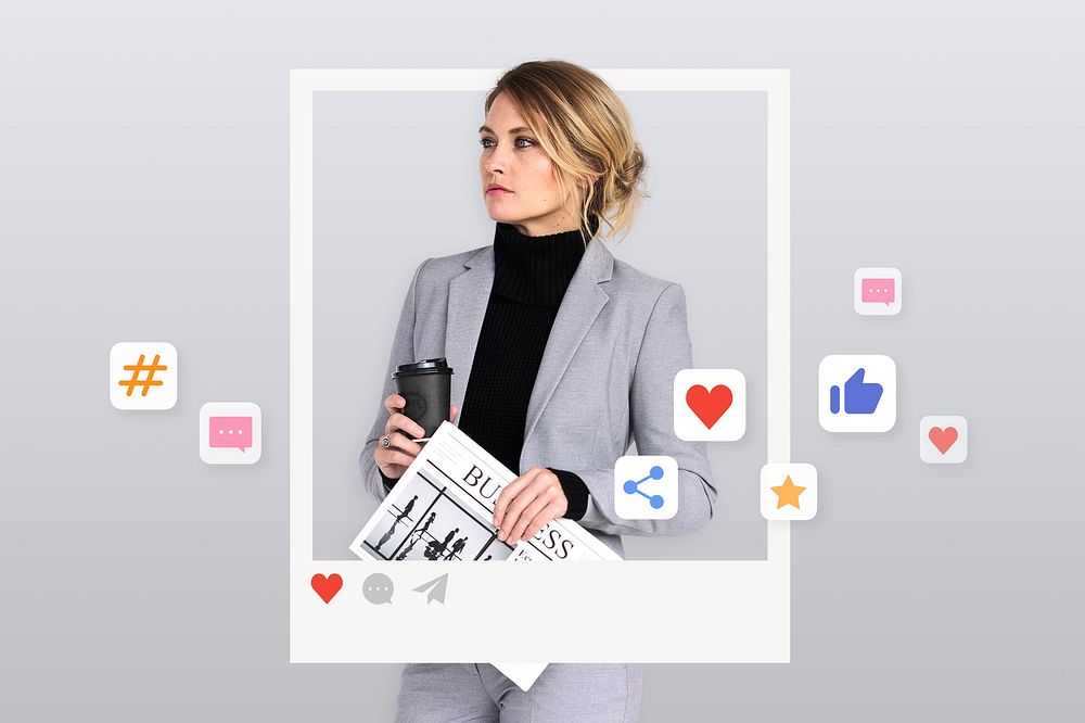 Woman journalist holding coffee cup, career concept
