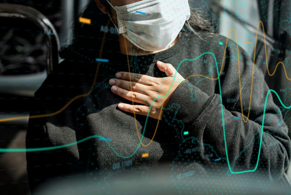 Sick woman in a mask having a difficulty breathing during coronavirus pandemic