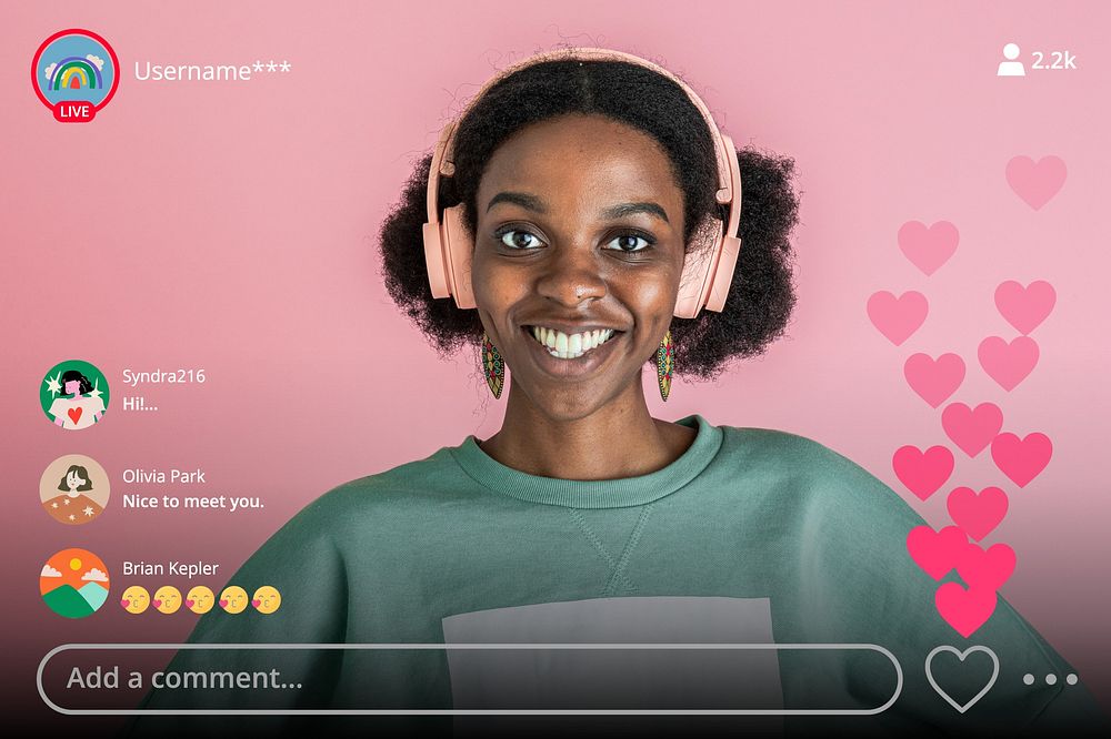 Woman wearing a pink headphones having live