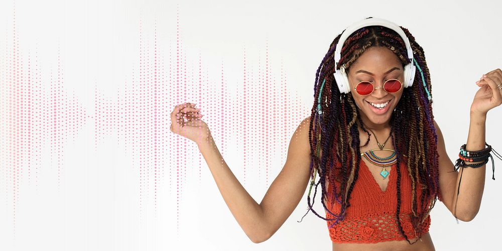 Happy black woman listening music remix