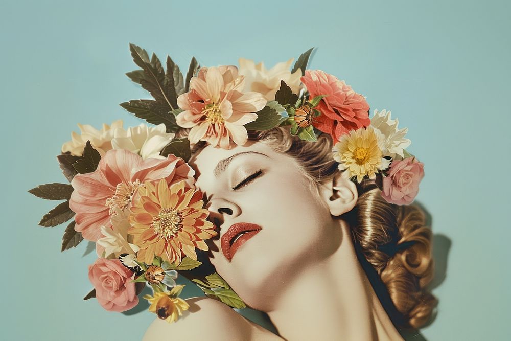 Woman sleeping and flower head photography portrait.