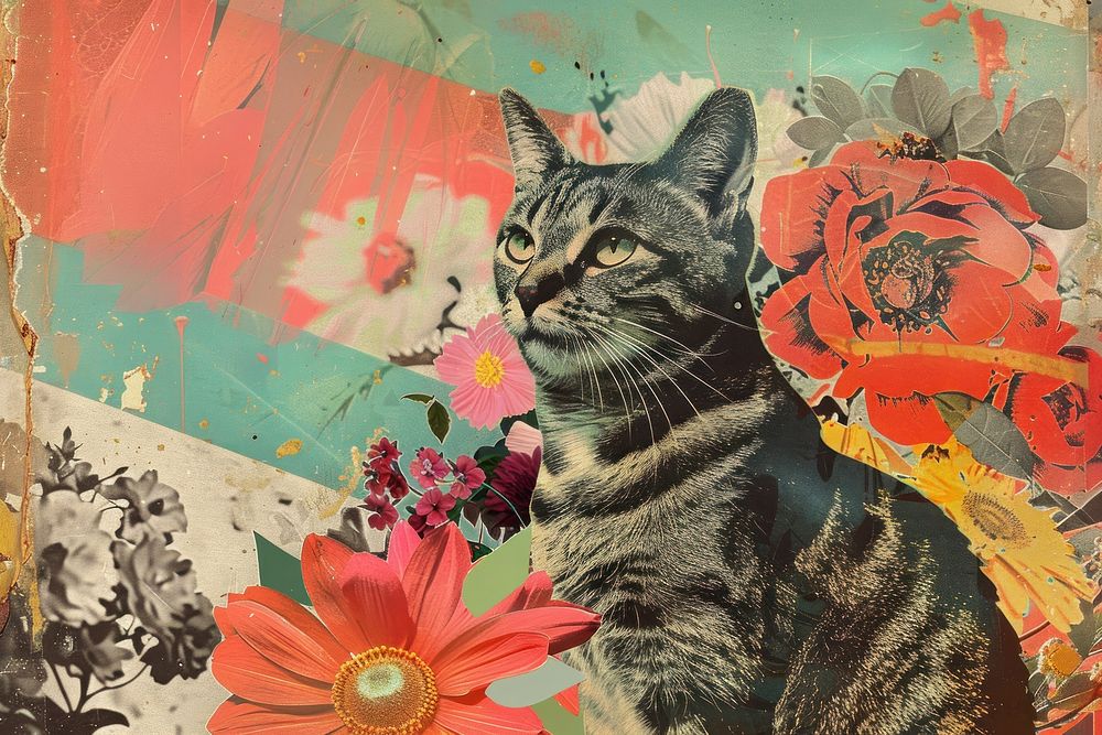 Retro collage of cat art asteraceae painting.