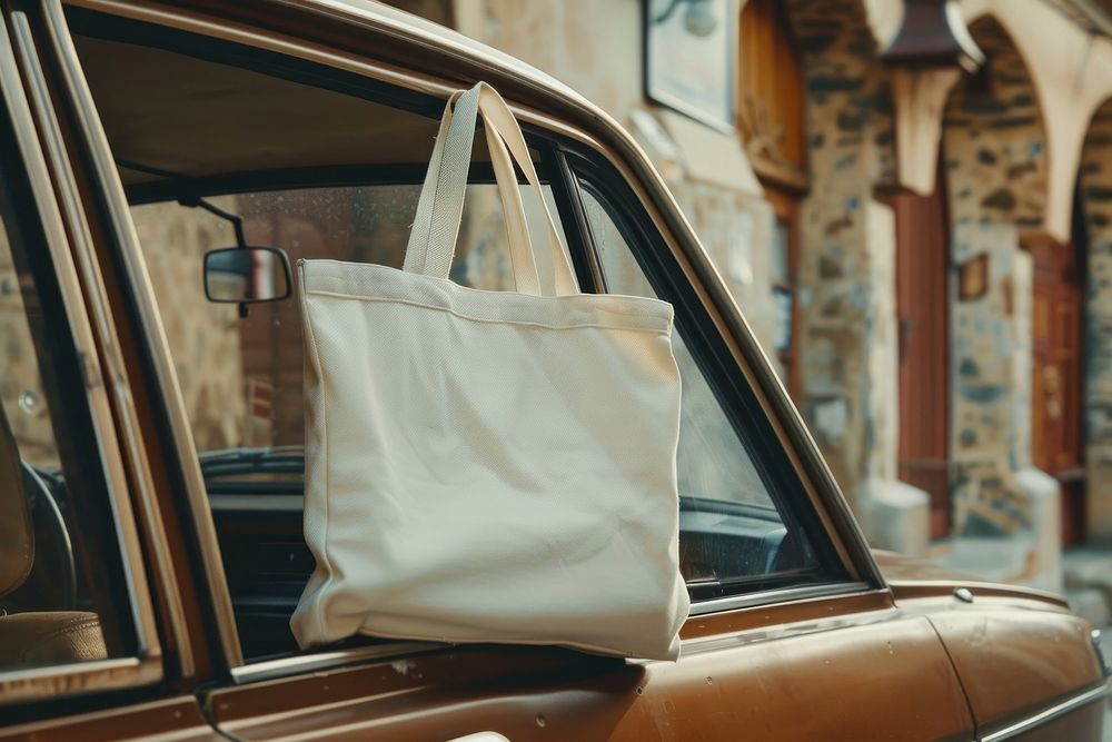 A white tote bag hanging out of an open car window next to the door handle transportation accessories automobile.