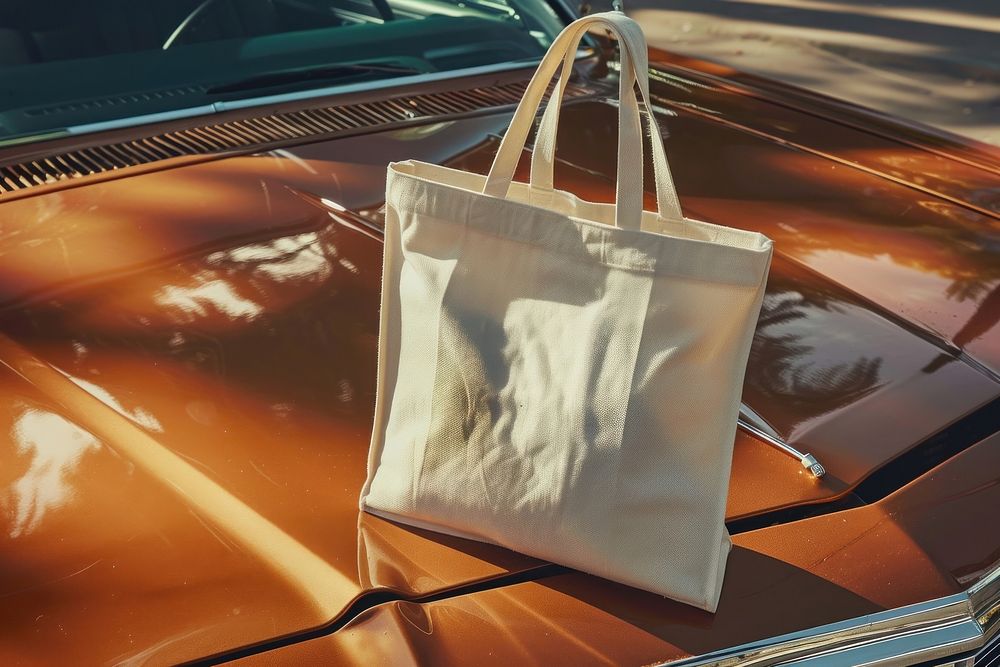 A white tote bag on car hood transportation accessories automobile.