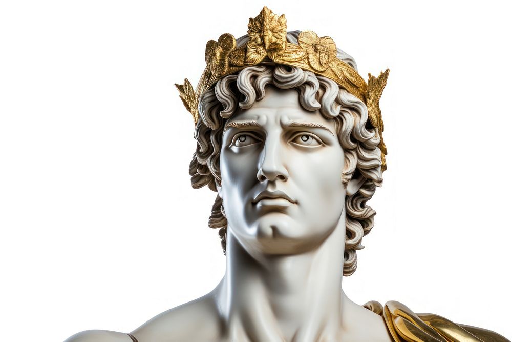 Greek sculpture david wearing vintage gold crown bronze person statue.